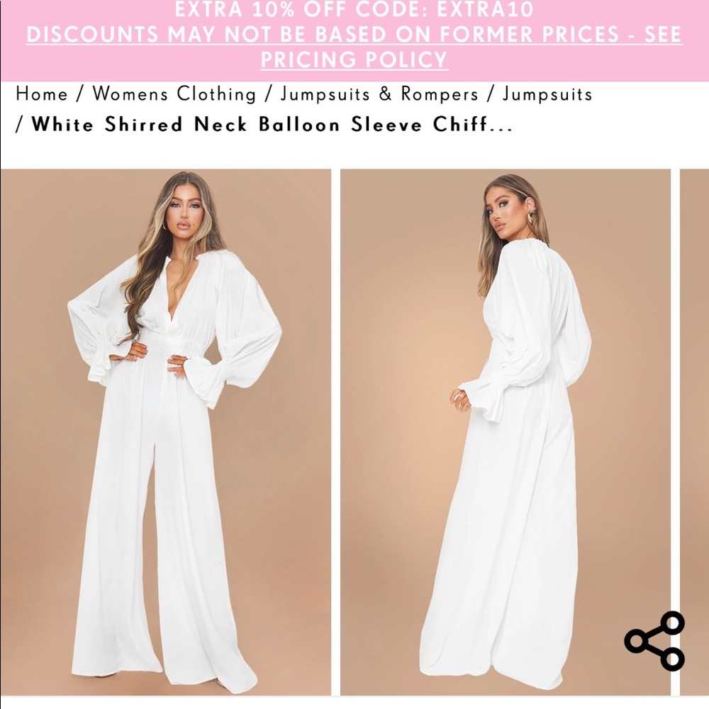 White Shirred Neck Balloon Sleeve Chiffon Jumpsuit